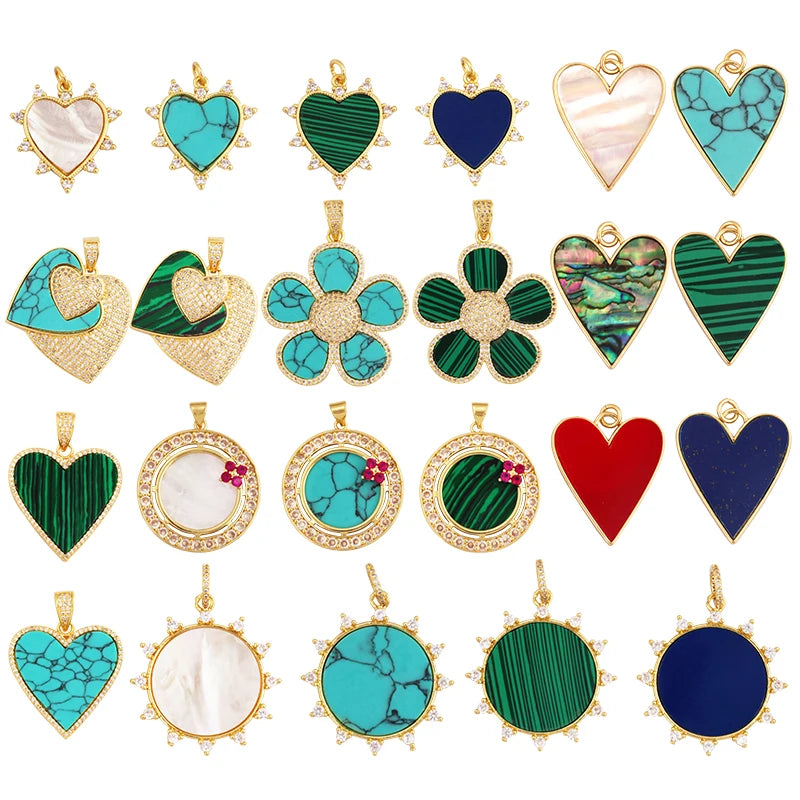 Fashion Elegant Love Heart Round Shape Natural Mother of Pearl Shell Agate Malachite Pendant CharmDIY Necklace Accessories M30