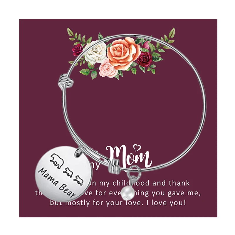 Manufacturer Stainless Steel Adjustable Wire Bangle with Mama Baby Bear Charm Mother's Day Gift Bangles for Women