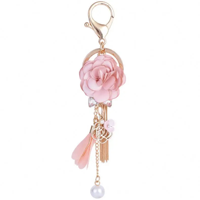 Wholesale New Korean Cloth Art Mini Flower Keychains Tassel Car Key Chains Bag Pendant Key Rings Fashion Accessories Woman Gifts