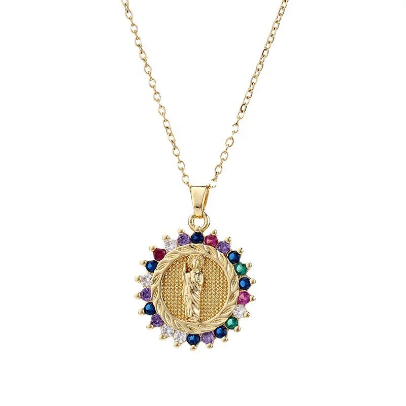 Wholesale Fashion Women Jewelry Religious Multicolor Zircon the Virgin Mary Pendant Necklace Accessories