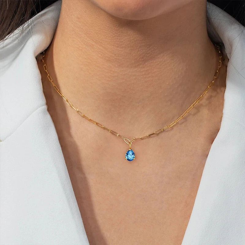 Fashion 925 Sterling Silver Necklace Colorful Water Drop Diamond Pendant Gold Plated Paper Clip Necklaces Women