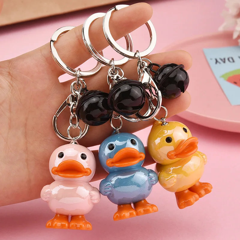 Rubber Duck Keychain Cute Cartoon 3D Animal Duck Bell Key Chain Fashion Car Key Bag Cell Phone Charms Girls Pendant Accessories