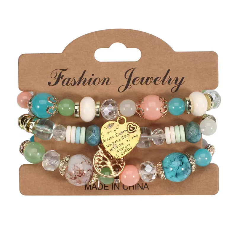 YL Cross-Border for Bohemian Unisex Beaded Elastic Multi-Layer Colorful Natural Stone Heart Stacking Bracelet Bangles