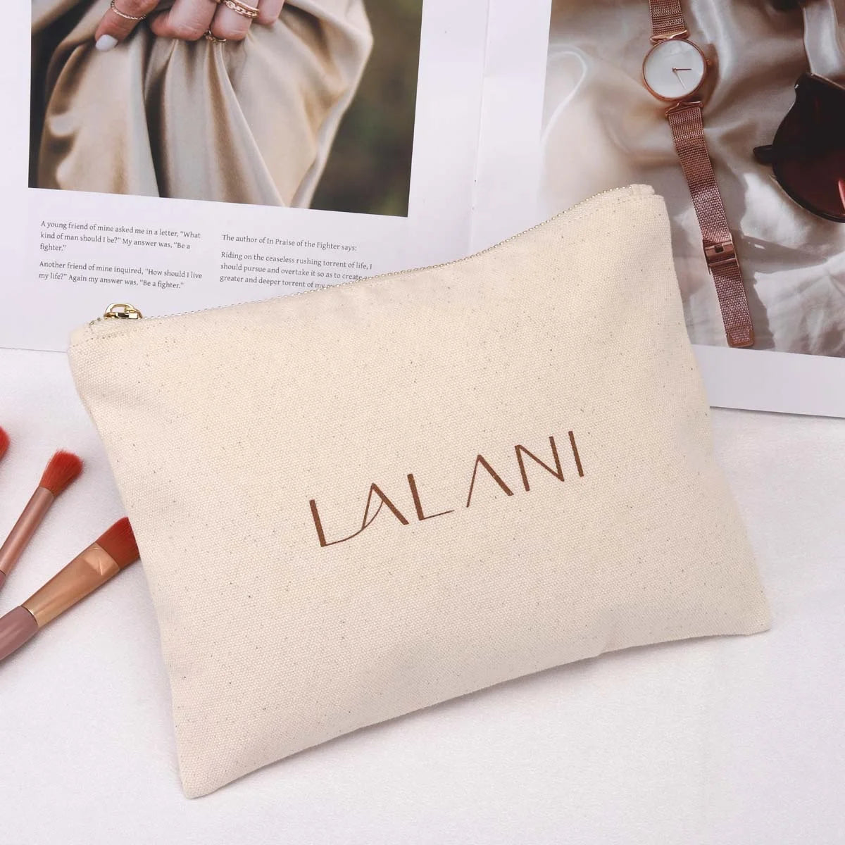 Custom Logo Printing Canvas Zipper Makeup Brush Organizer Cosmetic Pouch Travel Cotton Zipper Bag