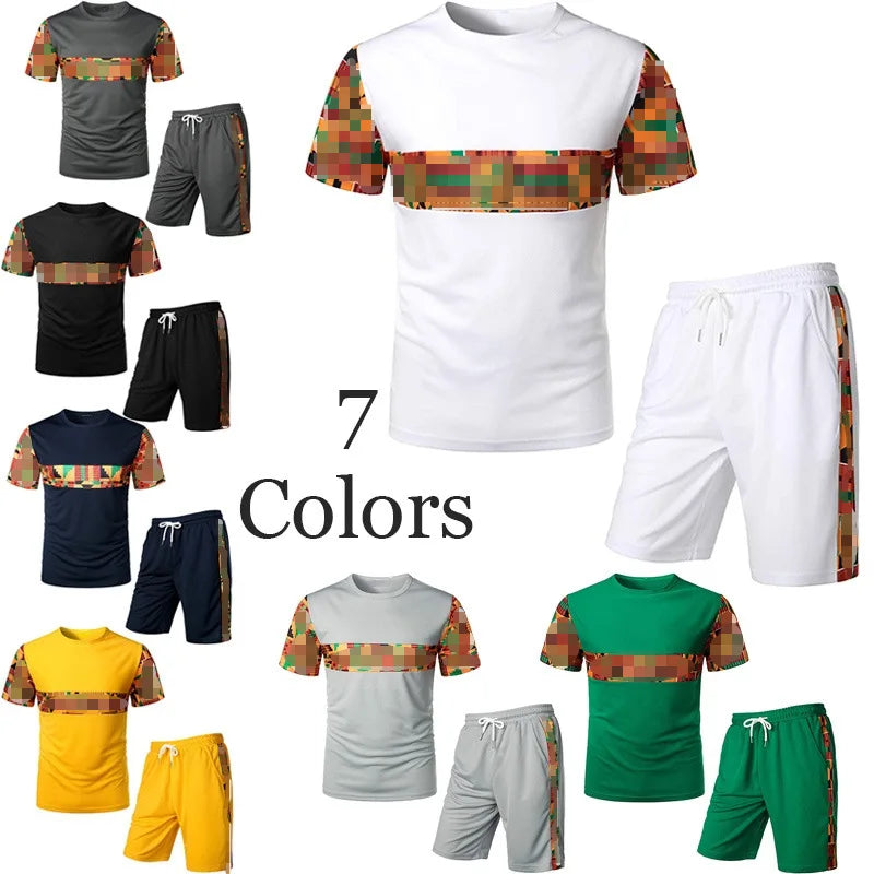 S-XXL Men's Ethnic Print Patchwork Sports Fabric Short Sleeve Shorts Suit Men's 2-Piece Set