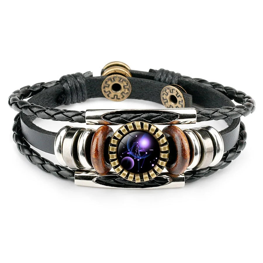 12 Star Sign Bracelets Charm Leather Braided Rope Bracelet Women Men Hand Woven Braided Rope Bracelet