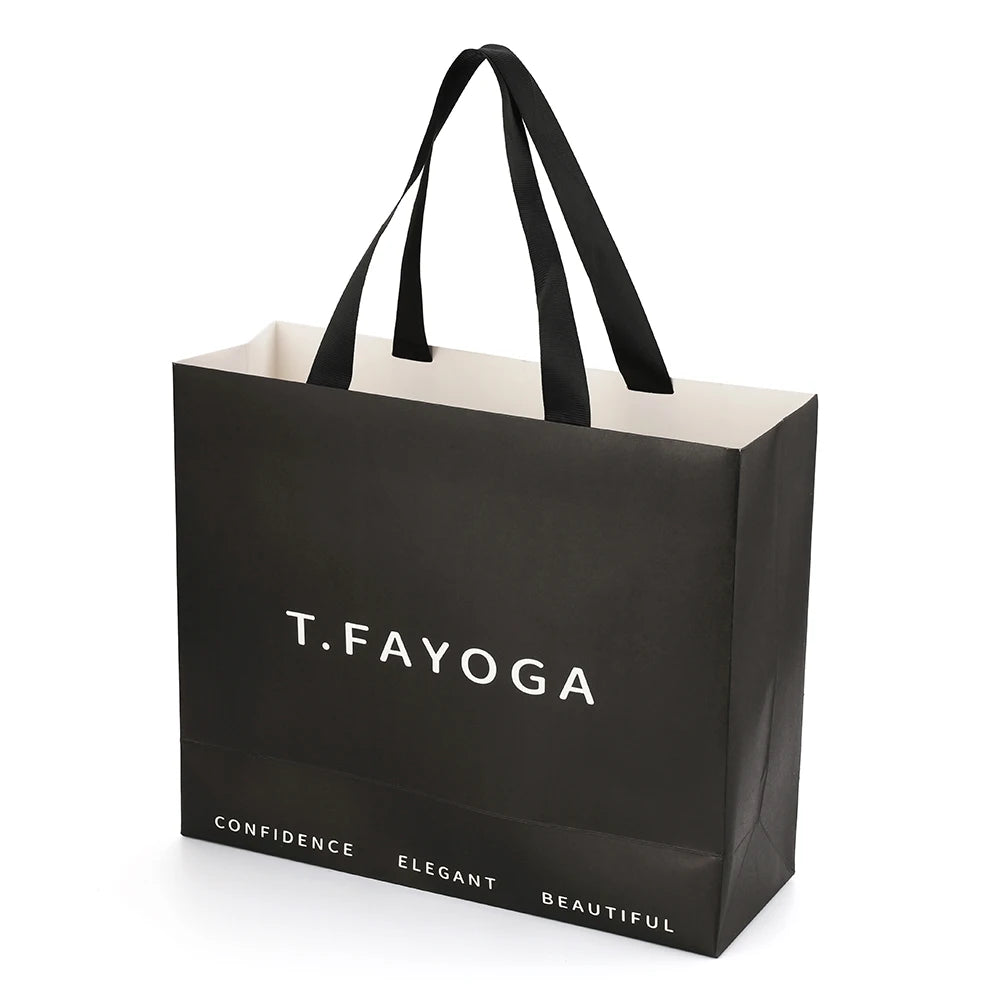 Custom Bespoke Logo Printed Black Personalized Shopping Tote Gift Paper Bag With Ribbon Handles For Jewelry Clothing Garment