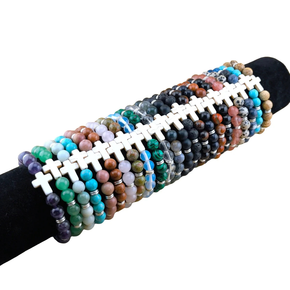 Wholesale 8mm Cross Multicolour Gemstone Religious Bracelets for Men Christian Stretch Stone Bead Cross Bracelets