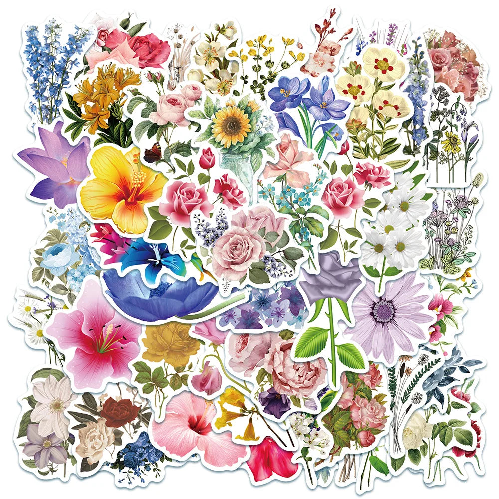 50 Pcs Small Fresh Flower PVC Self Adhesive Stickers for Guitar Table Laptop Cupboard Handbag Water Bottle and Books