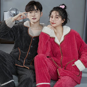 Couples Fleece Pajamas for Men Autumn Winter Jacquard Flannel Fleece Pajamas Set Full Zip Coral Fleece Couple Home Suit
