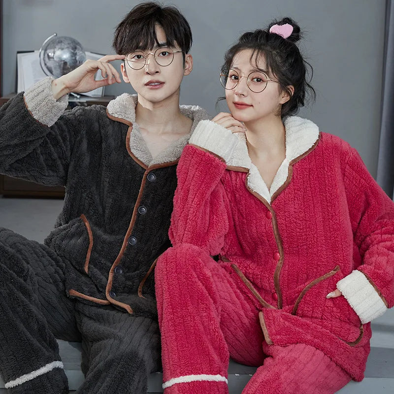 Couples Fleece Pajamas for Men Autumn Winter Jacquard Flannel Fleece Pajamas Set Full Zip Coral Fleece Couple Home Suit