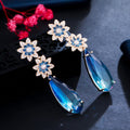 Beautiful Dangly Flower Blue Cubic Zirconia Crystal Long Big Water Drop Earrings for Women Wedding Bridal Gift Jewelry