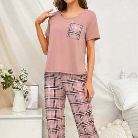 Plaid Summer Pajama Set Women's Short-sleeved Trousers Casual Simple Homewear Sleepwear Set