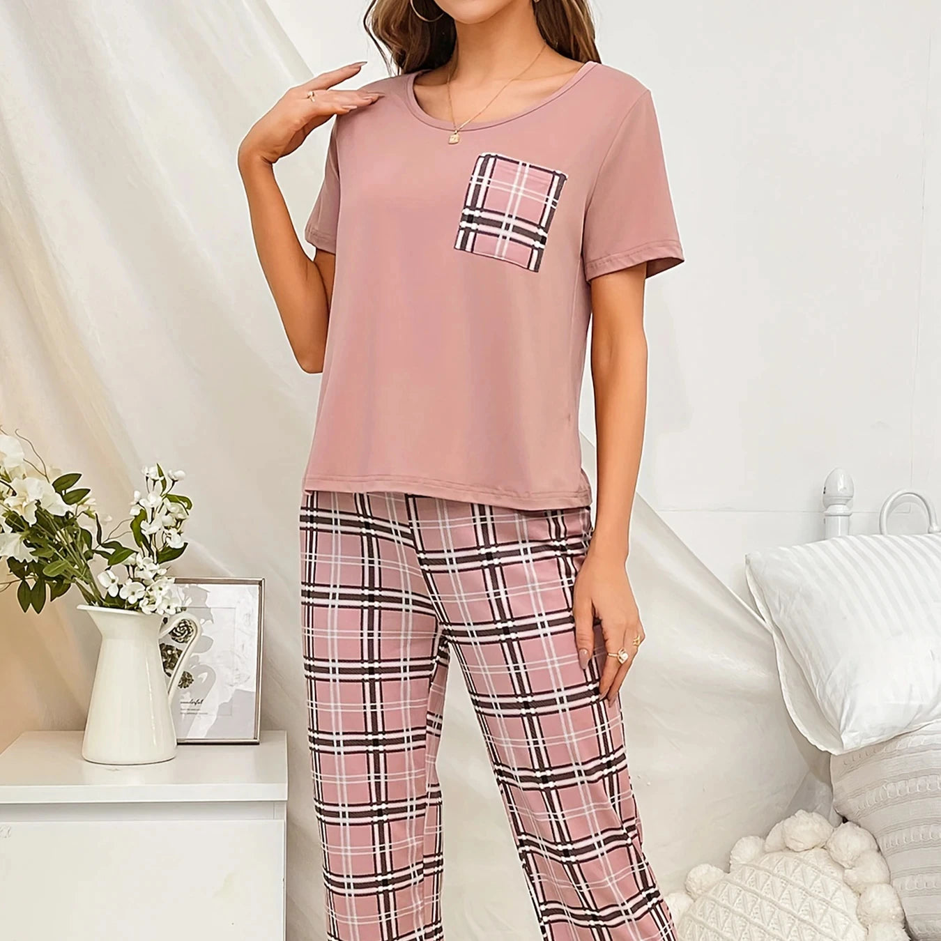 Plaid Summer Pajama Set Women's Short-sleeved Trousers Casual Simple Homewear Sleepwear Set