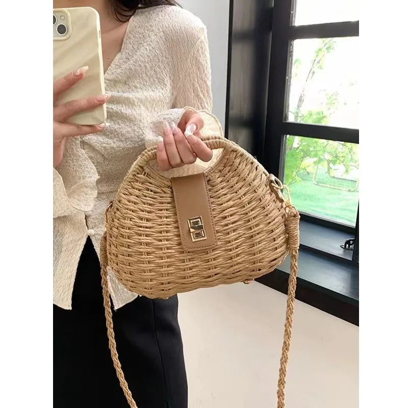 2024 Moroccan Paper Straw Bag Shoulder Sling Bag Lady Elegant Purse Handbag Women Straw Hand   Woven Summer Beach Bag