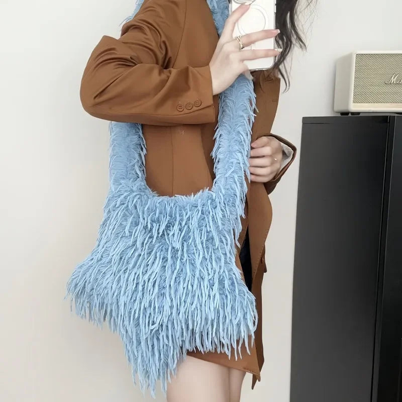 Y2k Star Women's Plush Shoulder Bags Winter Sweet Cool Girls Furry Crossbody Bag Fashion Design Female Faux Fur Tote Handbags