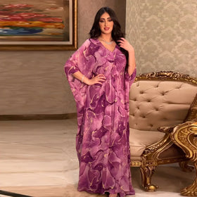 Abaya Women Muslim Dress 2023 Dubai V-neck Long Sleeve Plus Size Muslim Abaya Elegant Women's Maxi Dress
