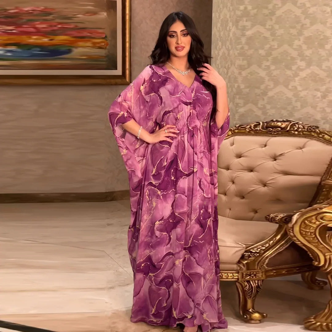 Abaya Women Muslim Dress 2023 Dubai V-neck Long Sleeve Plus Size Muslim Abaya Elegant Women's Maxi Dress