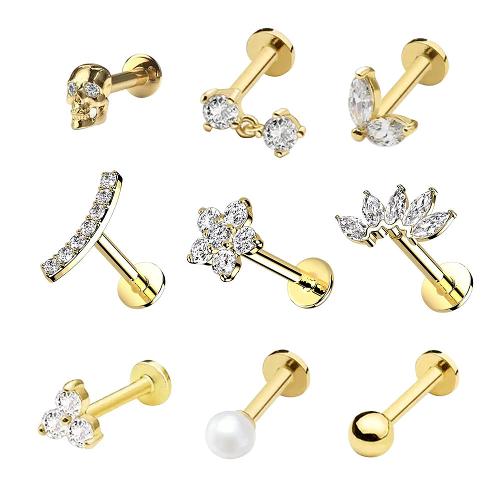 Customize Solid 14K Real Gold Internal Thread Labret Earrings Stud Lab Diamonds Fine Piercing Jewelry Wholesale 18G 16G Post