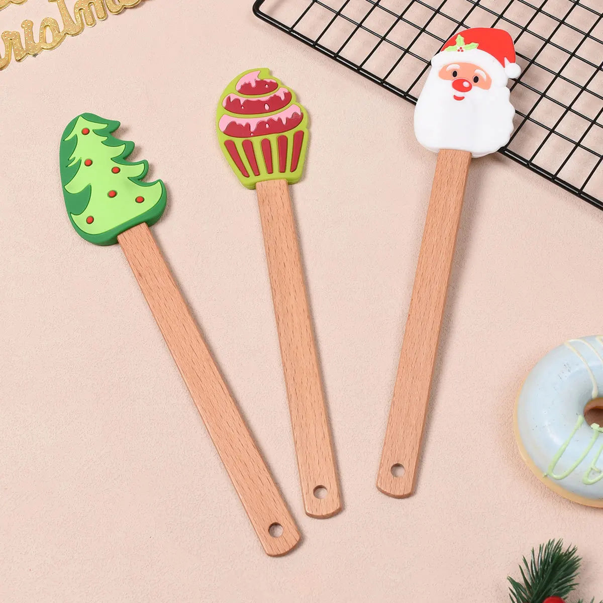 Christmas Themed Silicone Spatula Wooden Handle Cream Cake Pastry Batter Mixing Scraper Baking Decorating Tools Kitchen Dough