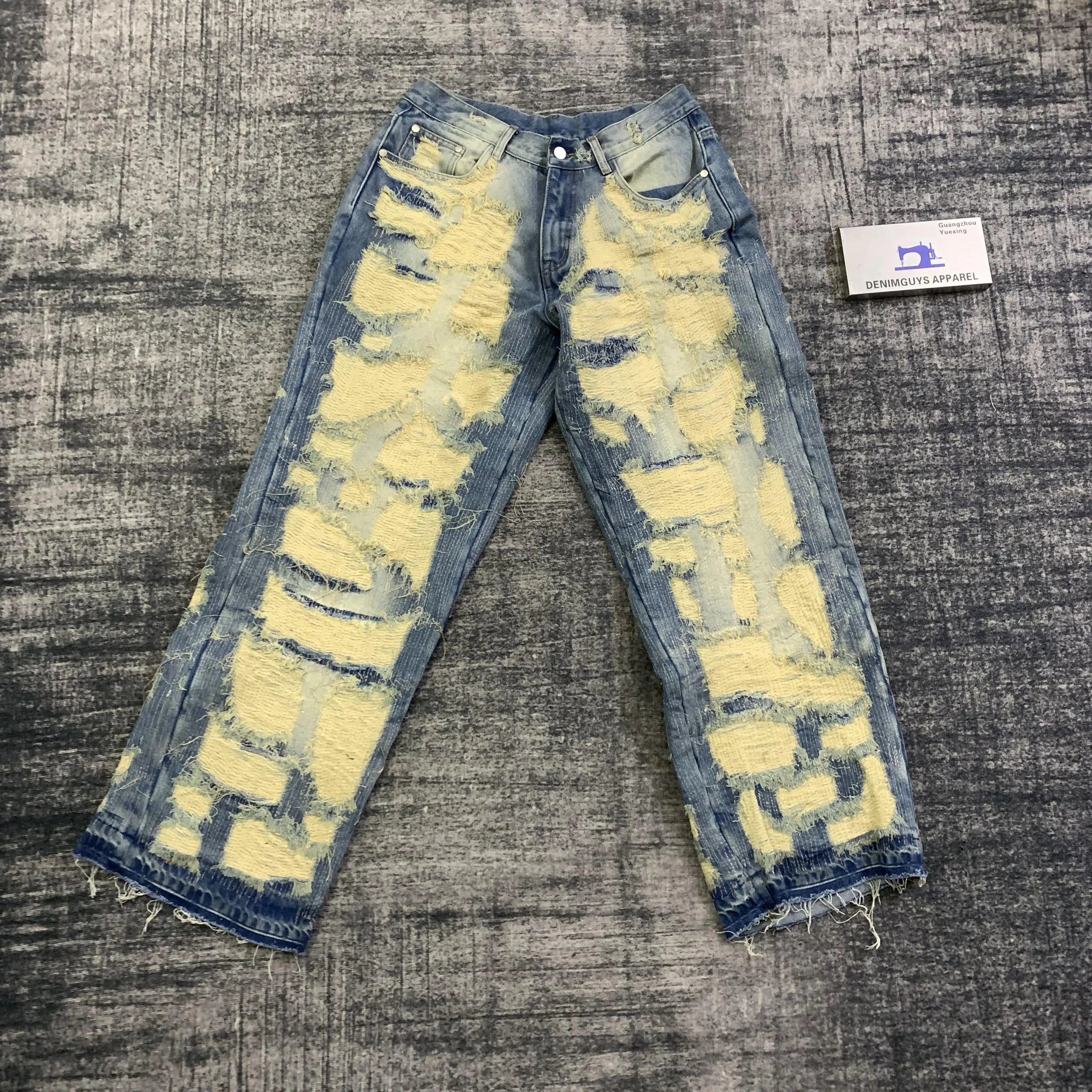 DENIMGUYS  High Street Men's Baggy Allover Embroidery Stitching Jeans Wash Men Wide Leg  Distressing Ripped Denim Pants Jeans