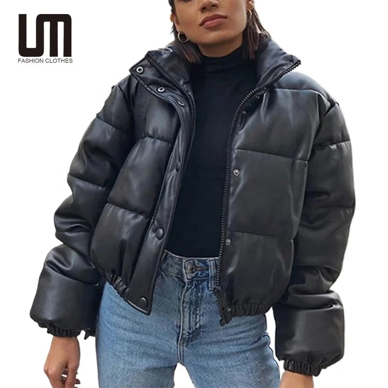 Liu Ming Winter Good Quality Women Casual New Fashion Long Sleeve Pu Leather Warm Puffer Jackets Coats