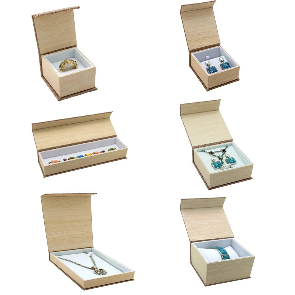 ECO Friendly Brown Burlap Linen Ring Earring Pendant Gift Paper Packaging Book Jewelry Box With Logo Velvet Pad