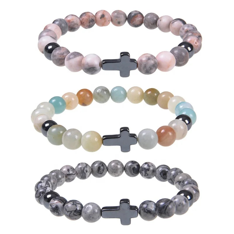 Wholesale Natural Stone Bracelet for Women Men Jewelry Yoga Healing Handmade Elastic Cross Charm Gemstone Bracelet