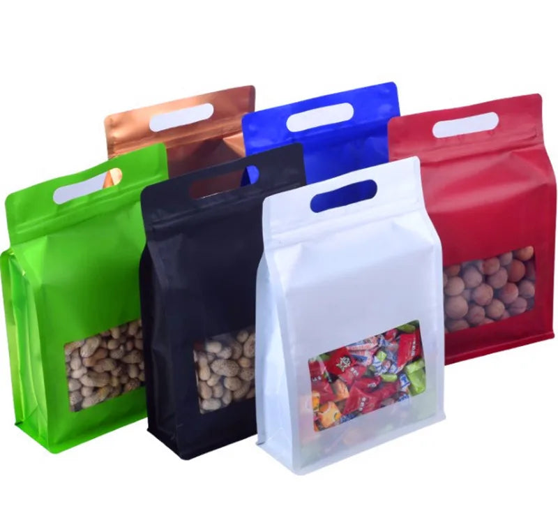 Rectangular Bottom Eight Strong Sealing Side Resealable Eco Friendly Bags for Food Packaging with Clear Window