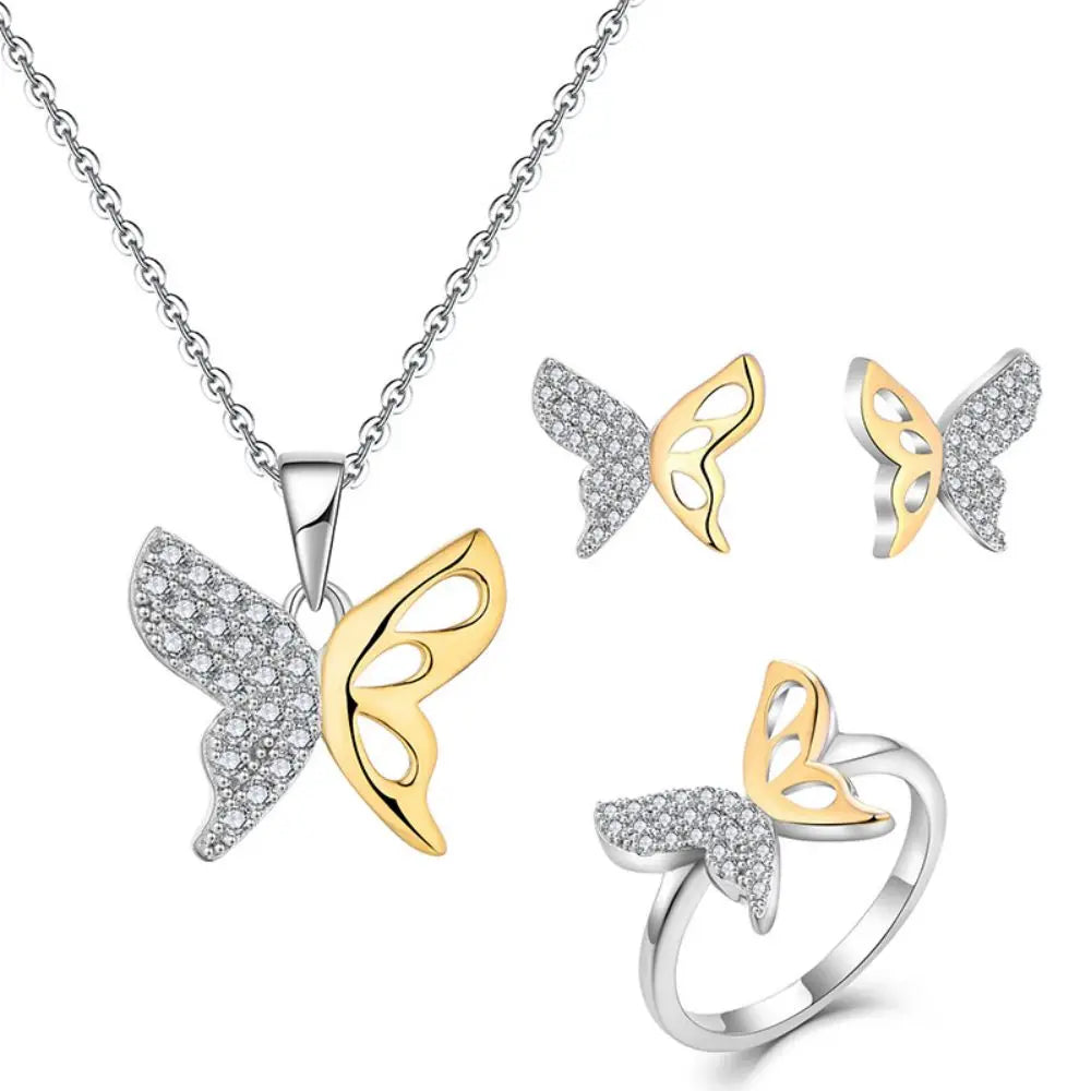 2024 New Simple Jewelry Set Fashion Gold Plated Sterling Silver Butterfly Necklace Ring Earrings Set