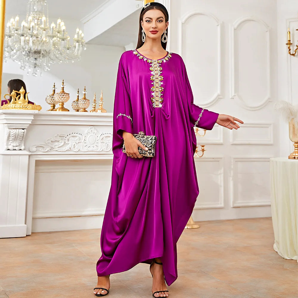 Muslim Abaya Elegant Purple Handmade Sewing Diamond Loose Dress A122Bat Sleeve Embroidery Lace Muslim Abaya Dresses