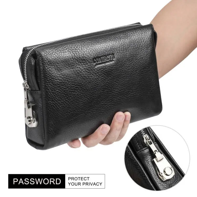 Contact's Anti-Theft Clutch Bag Mens Genuine Leather Business Coded Lock Bag Leather Clutch Purse Bag for Men