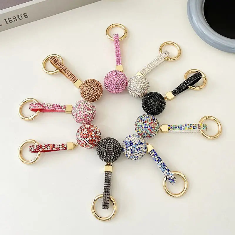 Wholesale Multicolor Rhinestone Crystal Ball Car Keychain Leather Strap Charm Pendant Key Ring Women Key Chains Fashion Jewelry