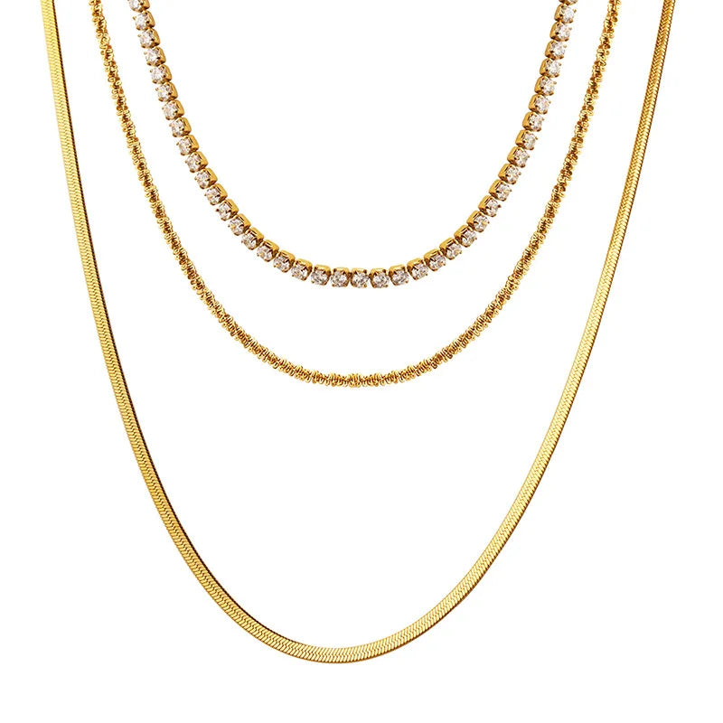 Joolim Jewelry 18K Gold Plated Three Layers Snake Chain Zircon Pave Necklace Stainless Steel Jewelry Wholesale