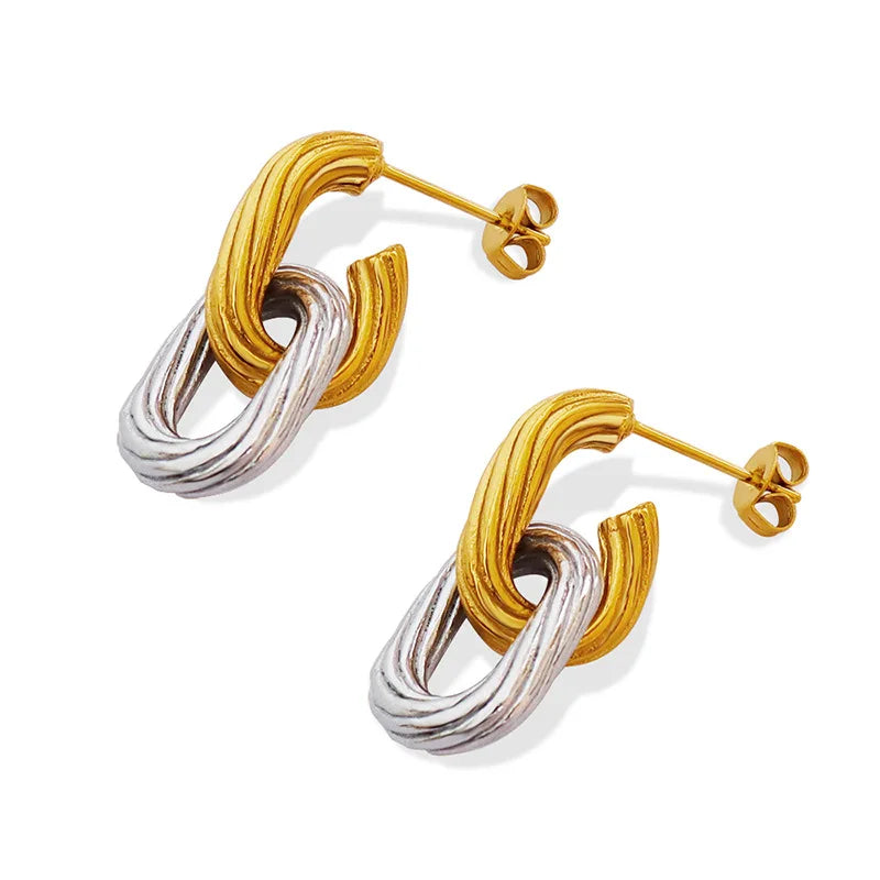Two Tone Gold Silver Earrings Jewelry Women Stainless Steel Twist Hoop Stud Earrings