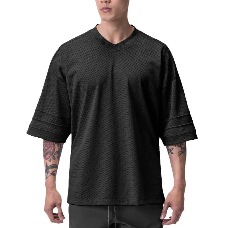 Men's Gym Jogging Sports V-Neck Compression T-Shirt Quick-Dry Breathable Workout Jersey Hip Hop Style Knitted Weaving Method
