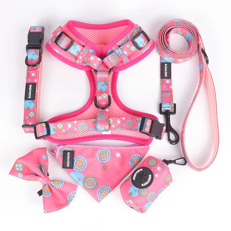 Lovecolour 6 in 1 Personalized Multi-Colored Adjustable Pet Dog Collar Leash Harness Set With Matching Bandana Poop Bag Holder