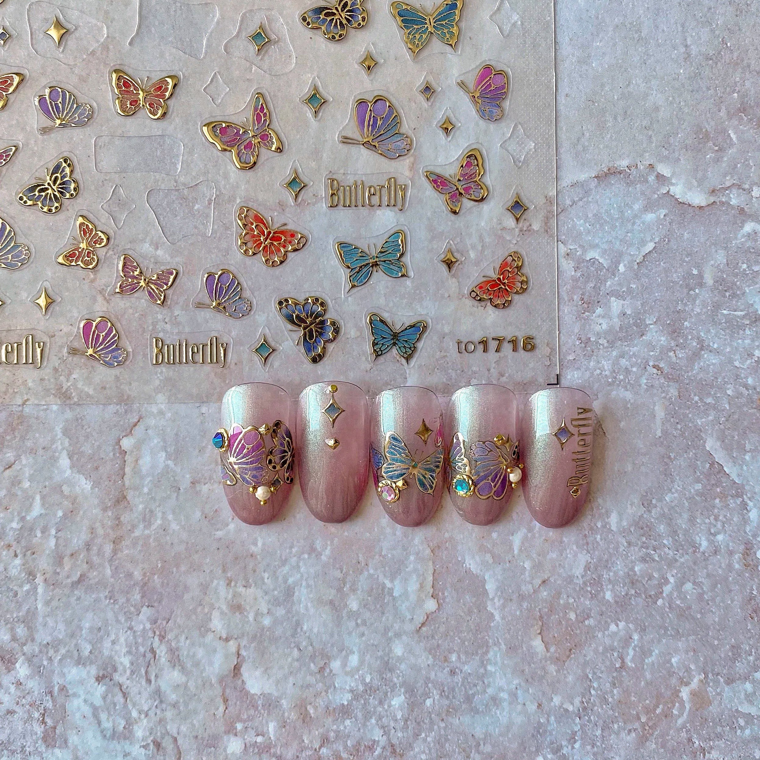 Tomoni Luxury 5D Emboss Adhesive Nail Stickers Gold Silver Metallic Butterfly 5D Laser for Manicure Decor