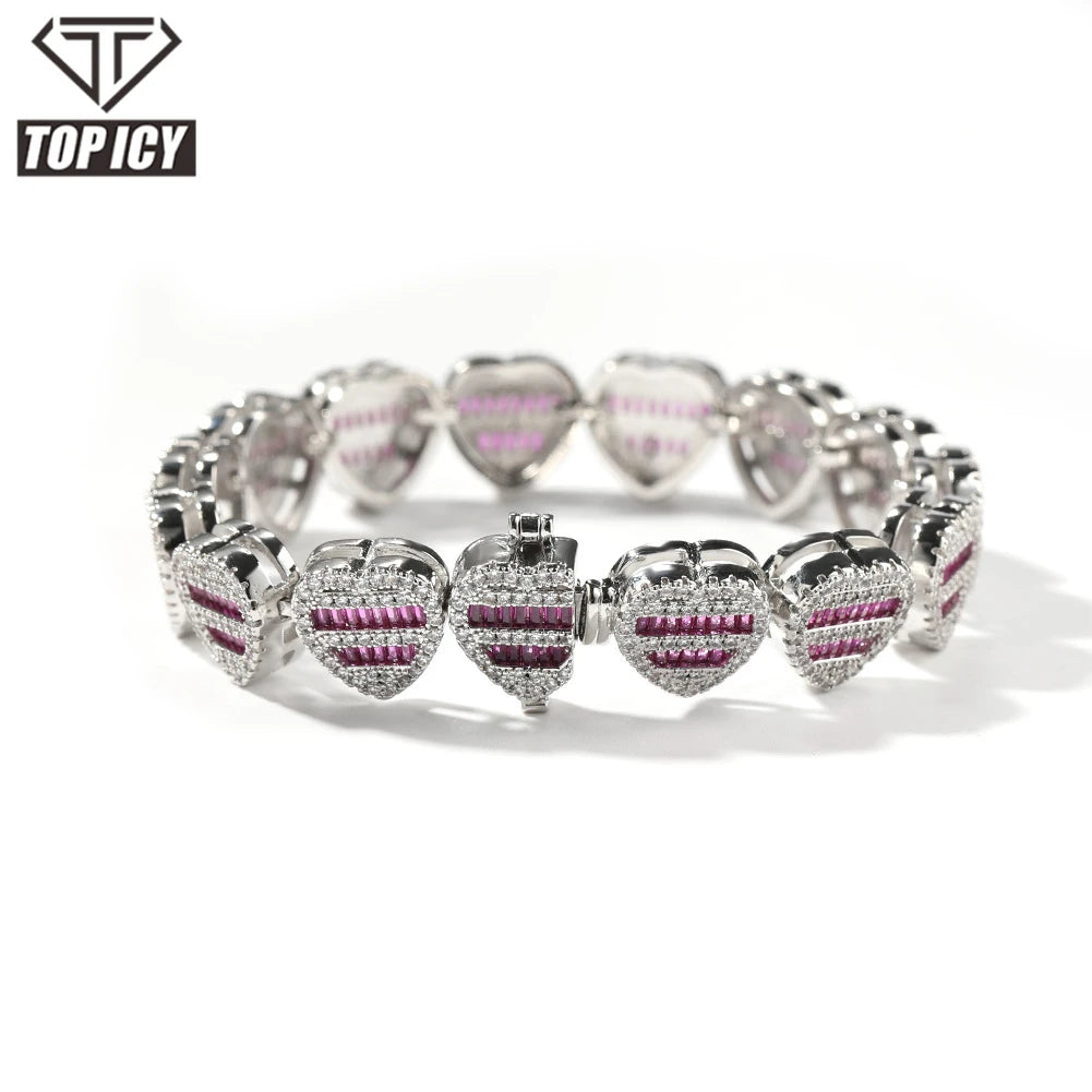 Top Icy 12mm Cute Baguette Heart Cuban Bracelet Gold Plated AAA Cubic Zircon Iced Out Square Diamond Heart Bangle for Couple