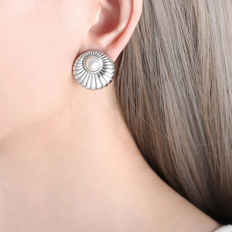French Style Titanium Steel Thread Circle Moonstone Earrings Stud Earrings 18K Gold PVD Plating for Girlfriends Earrings
