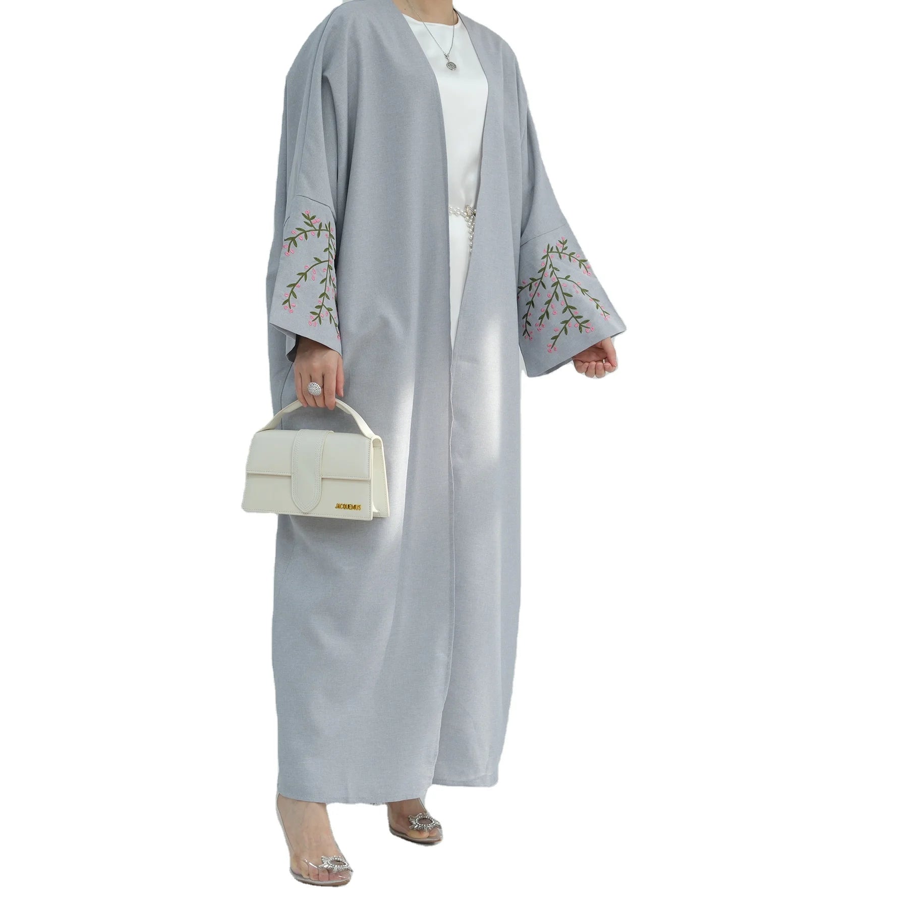 Flower Embroidery Abaya Batwing Sleeves Open Kimono Cotton Linen Hijabi Robe for Women Dubai Islamic Clothing Traditional Muslim