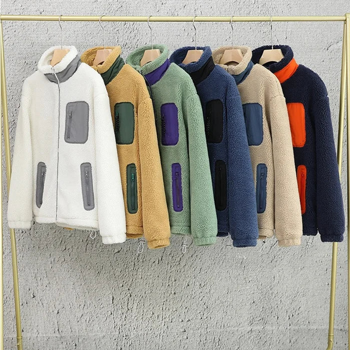 OEM Custom Logo Winter Unisex Sherpa Fleece Jacket High Collar Zipper Color Block Pattern Man's Patchwork Design