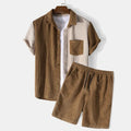 S-3XL Spring/Summer Men's Casual Loose Plaid Corduroy Short Sleeve Single Breasted Cardigan Shorts Set Two Piece Set Streetwear