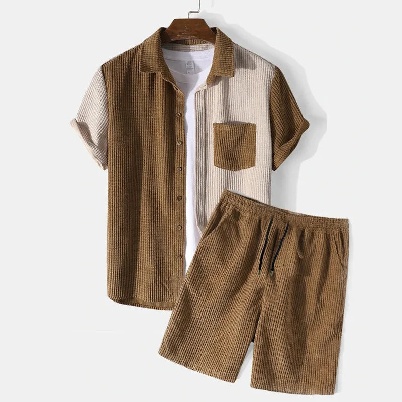 S-3XL Spring/Summer Men's Casual Loose Plaid Corduroy Short Sleeve Single Breasted Cardigan Shorts Set Two Piece Set Streetwear
