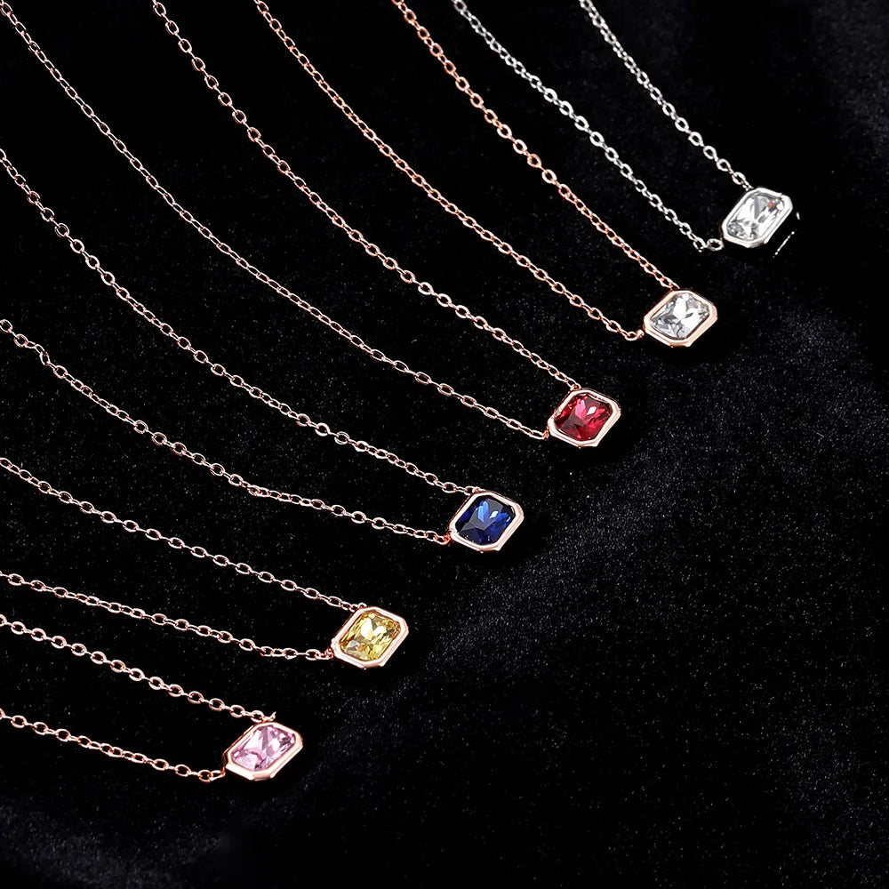Minimalist Geometric Colorful Zircon Copper Pendant Necklace for Women Rose Gold Plated Choker Chain Jewelry Trendy Gift