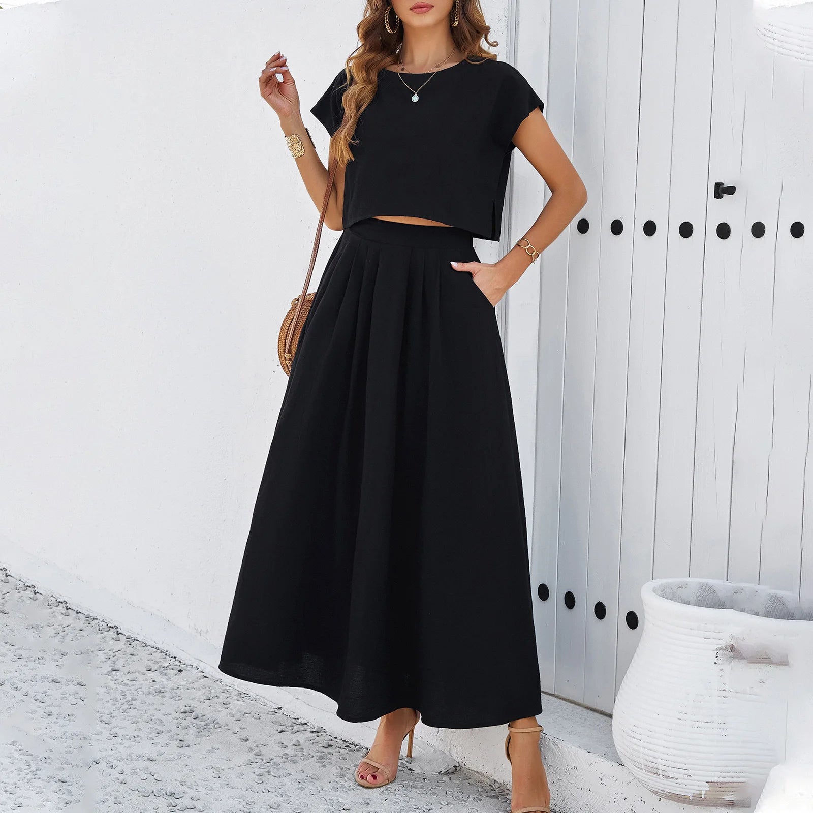 2024 Summer Women's Casual Loose Short Sleeve Top A-line Skirt Set Temperament Commuting Female Fashion High Waist Skirts Outfit