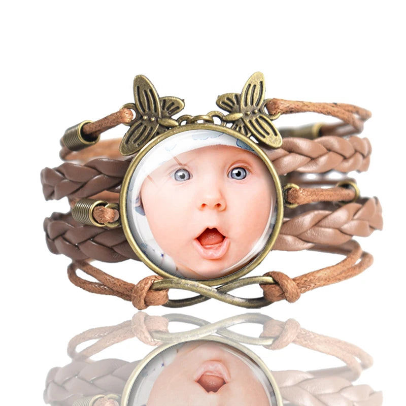 Personalized Custom Photo Multi-layer Weave Leather Bangle Handmade Women Vintage Brown Butterfly Customized Gift Photo Bracelet