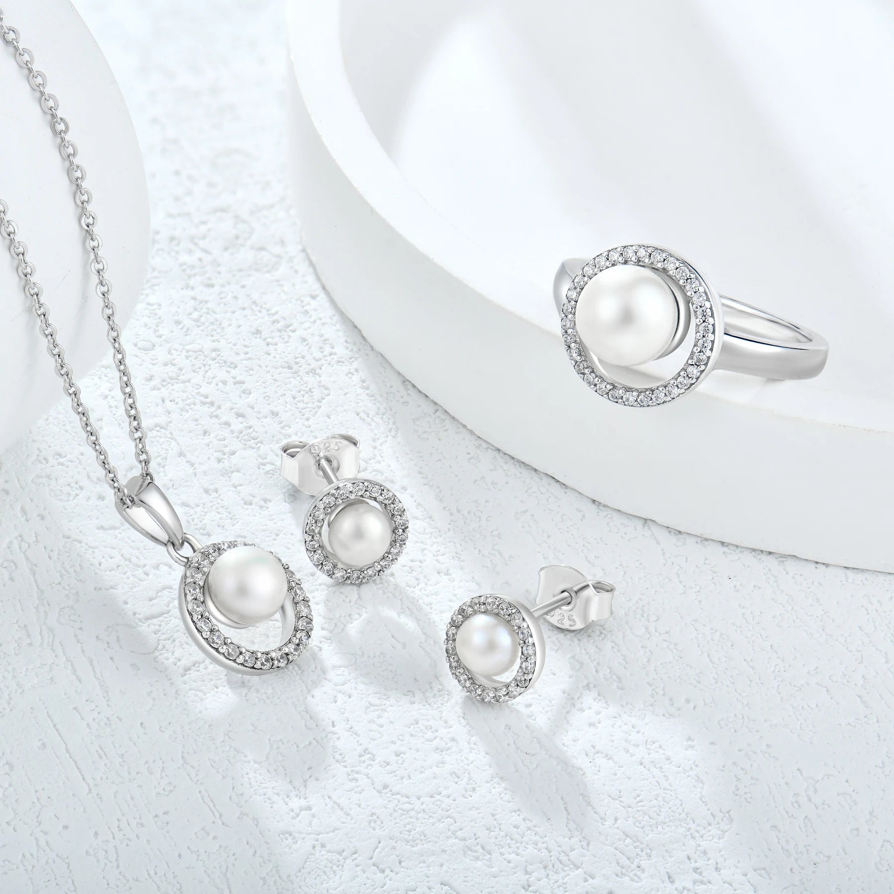 925 Sterling Silver Rhodium Plated Cubic Zircon Fresh Water Pearl Wedding Necklace Earrings Ring Jewelry Set for Women Girl