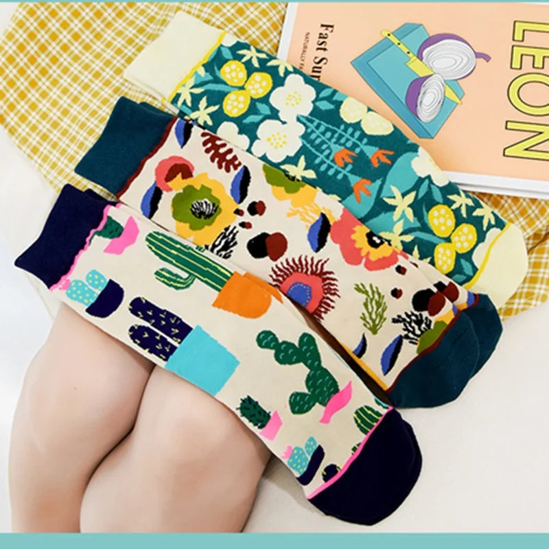 Women's Casual Floral Patterned Cotton Crew Socks Silk Material Fancy Spring Plant Flower Design Custom Logo Wholesale Winter