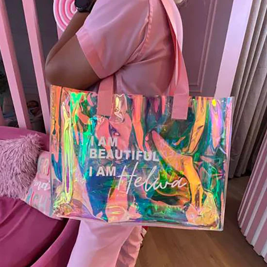 Wholesale Custom Luxury Waterproof Clear Laser Handbag Transparent Holographic Iridescent PVC Beach Tote Shopping Bag With Logo